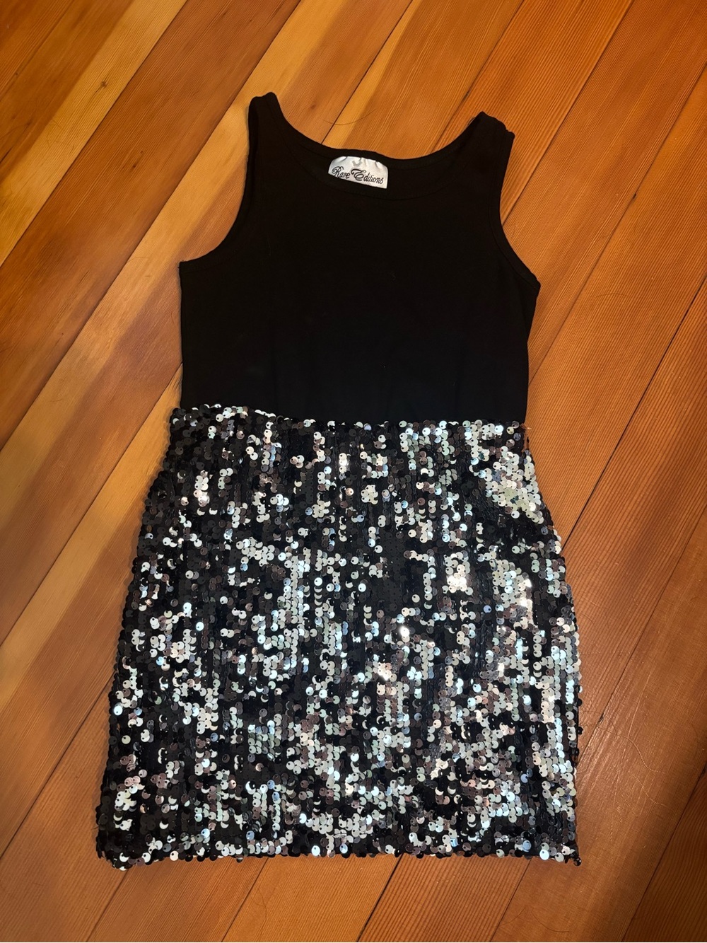 Rare Editions Black Tank Dress with Silver Sequin Skirt Size 7